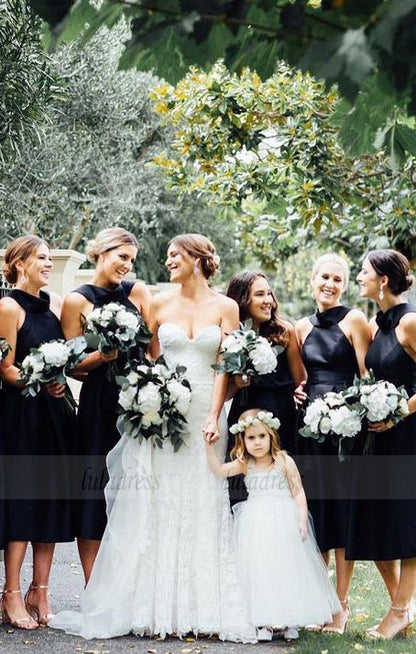 Cross V-Neck Bridesmaid Dresses, Mid-Calf Short Black Bridesmaid Dresses, Modest Bridesmaid Dresses