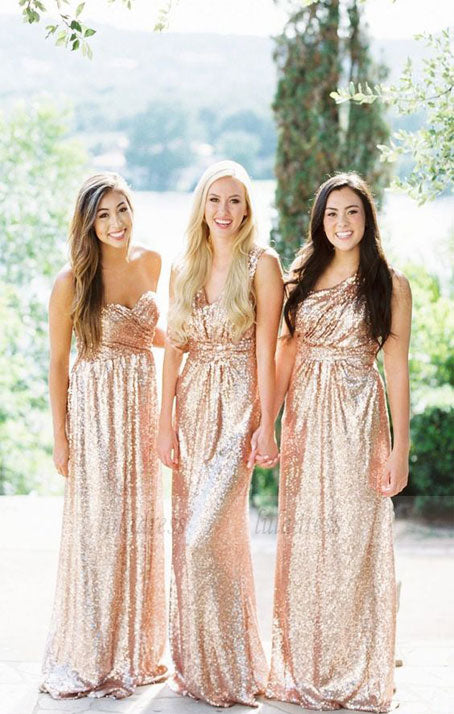 Sweetheart Rose Gold Bridesmaid Dress, Sparkly Sequin Bridesmaid Dress, Mismatched Long Bridesmaid Dresses,BD98112