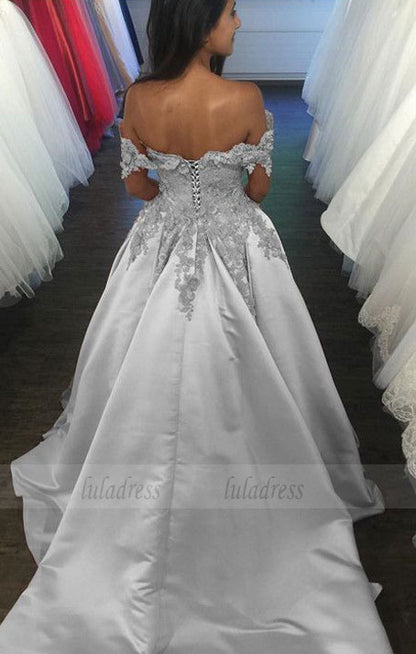 Silver Wedding Dresses Ball Gowns Lace Flowered Beaded Off The Shoulder