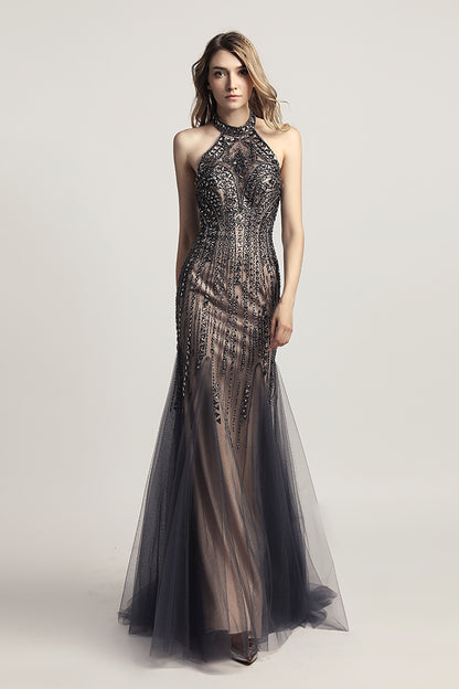 Elegant Halter Beaded Long Evening Prom Dress