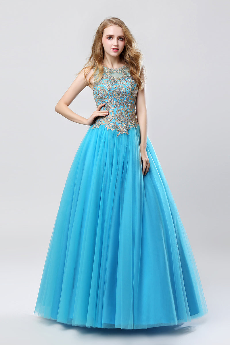 Sleeveless A-line Tulle Long Prom Dress Charming Ball Gown