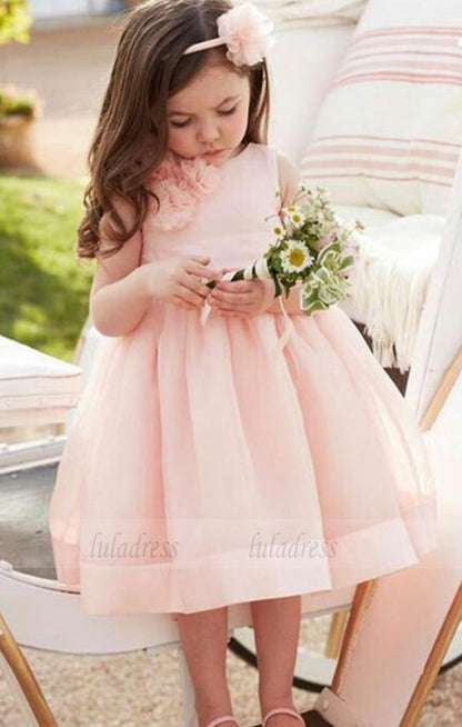 Pink Flower Girl's Dresses for Weddings Jewel Neck Princess Organza Tea Length Girls Pageant Communion Dresses,BD99766