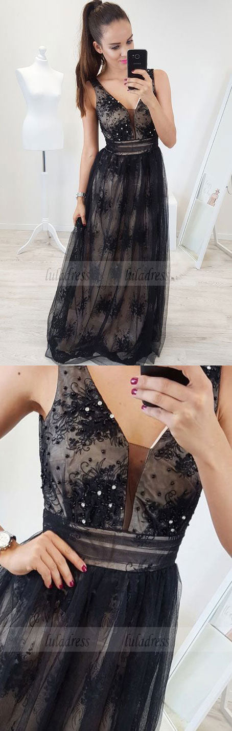 A-Line V-Neck Backless Floor-Length Black Prom Dress with Appliques Beading