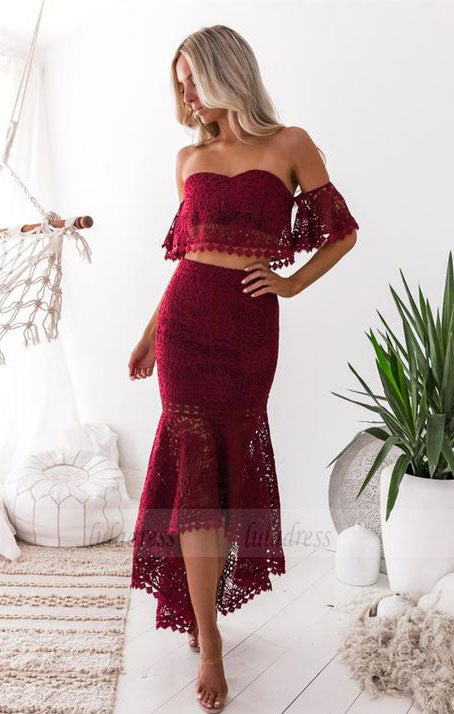 off the shoulder prom dresses, unique two piece high low lace party dresses