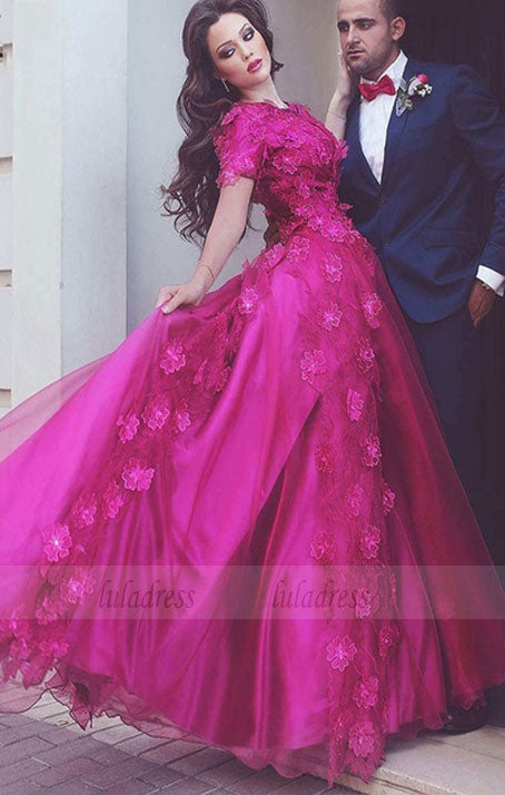 Dramatic A-Line Jewel Rose Red Tulle Long Evening/Prom/Wedding Dress with Appliques