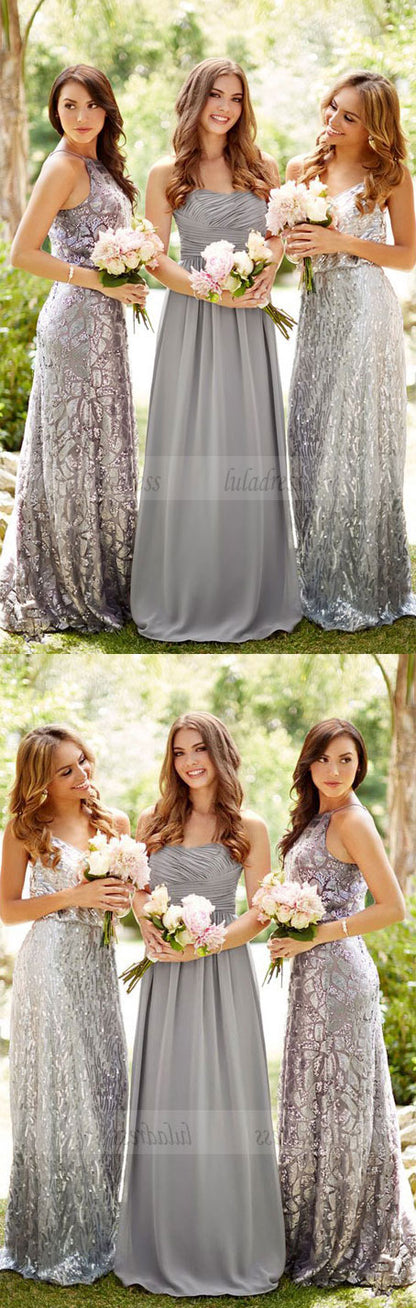 Strapless Grey Bridesmaid Dresses, Long Bling Bridesmaid Dresses, Sparkly Bridesmaid Dresses