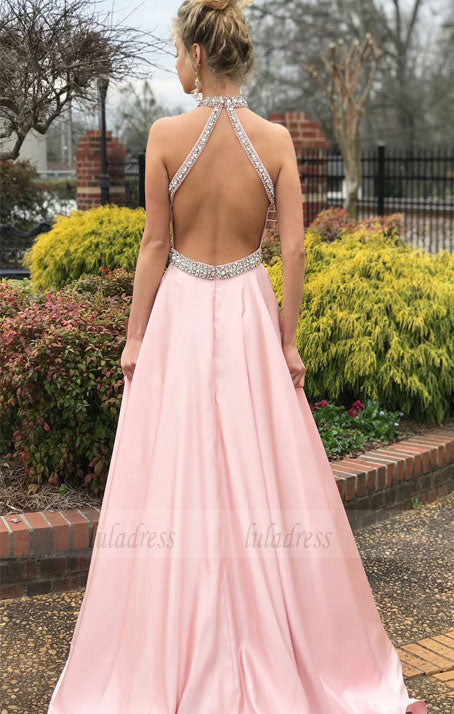 Elegant Beaded Pink Long Prom Dress with Open Back,BD98541