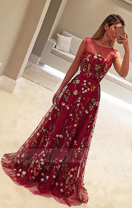 A-Line Crew Sweep Train Flower Print Burgundy Tulle Prom Dress with Belt