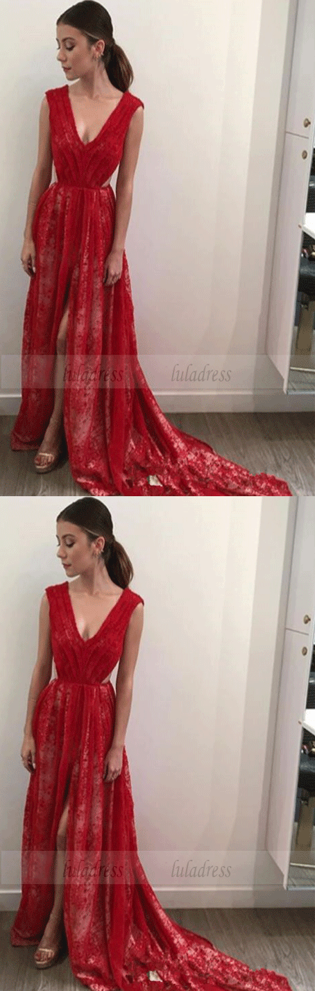 Lace Long Front-Split V-Neck Sleeveless Red Sexy Evening Dress