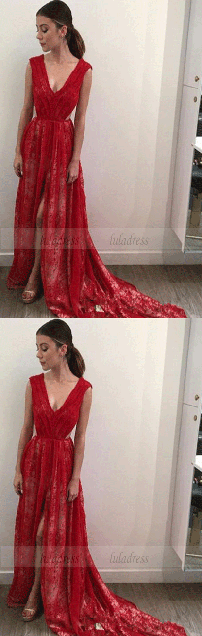 Lace Long Front-Split V-Neck Sleeveless Red Sexy Evening Dress