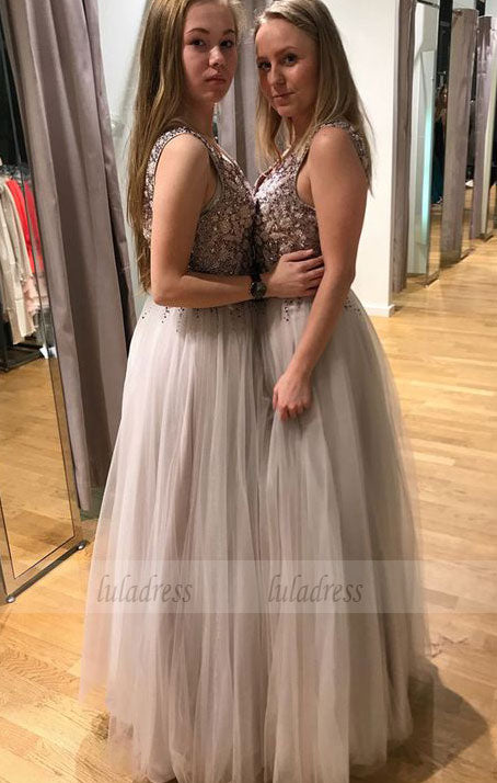 A-Line V-Neck Backless Floor-Length Light Grey Prom Dress with Beading