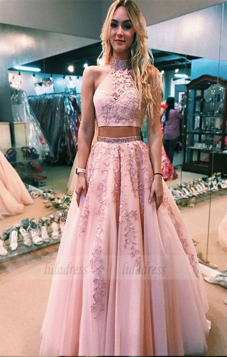 two piece  long prom dress,high neck long prom dress with open back