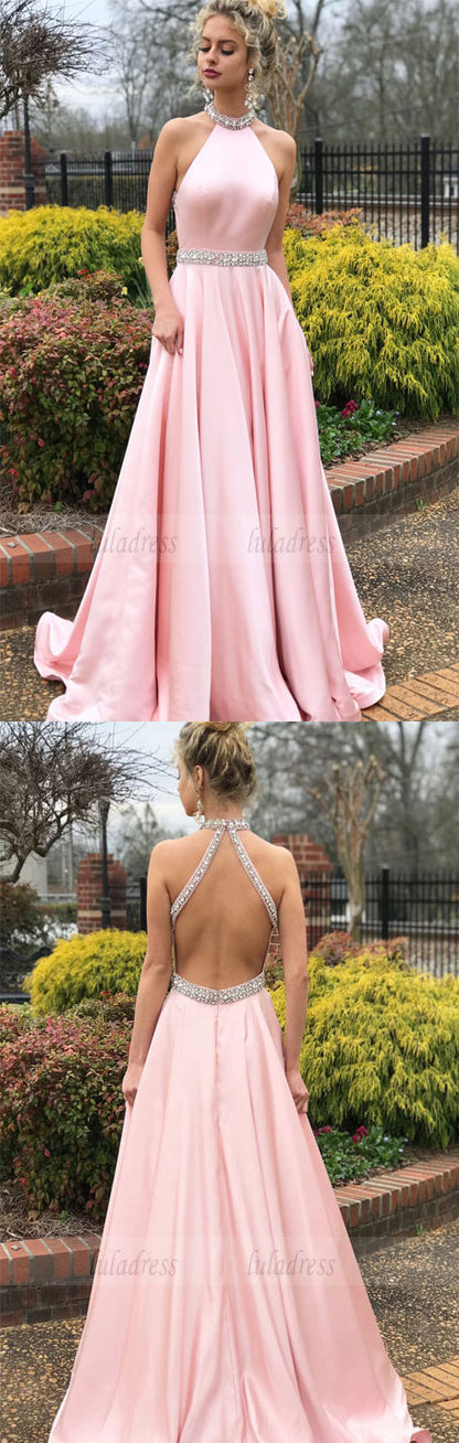 Elegant Beaded Pink Long Prom Dress with Open Back,BD98541