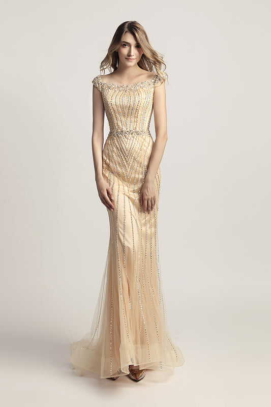 Champagne Mermaid Long Prom Dress Charming Beaded Formal Evening Dress