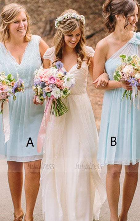 A-Line V-Neck Short Chiffon Bridesmaid Dress with Lace