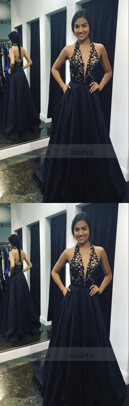 Backless Sexy A Line Long Satin Black Lace Evening Gown,BD99996