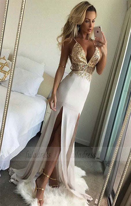 Chiffon Prom Dresses Mermaid Long V Neck Evening Dresses Beaded Formal Gowns