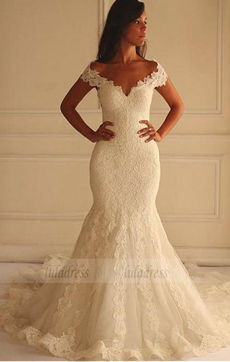 Stunning Tulle Off-the-shoulder Neckline Mermaid Wedding Dress With Lace Appliques,BD99621