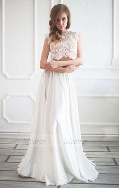 Unique white lace two pieces long prom dress, white evening dress