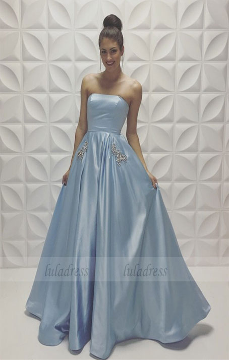 A-line Baby-Blue Sleeveless Strapless Beads Newest Prom Dresses