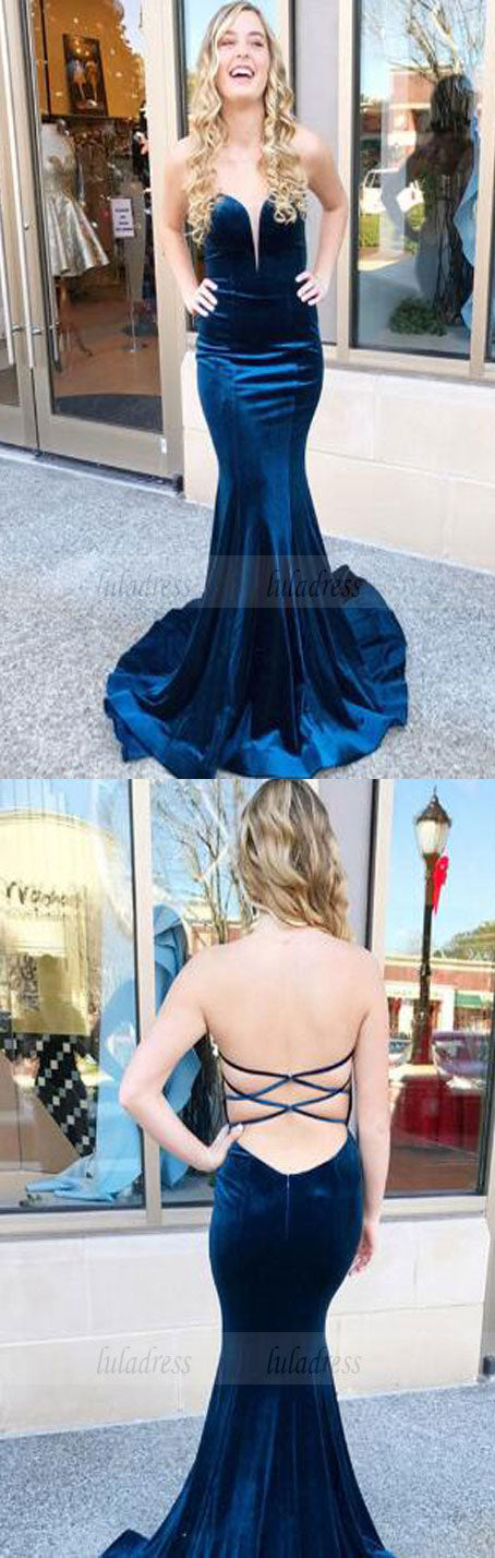 Navy Blue Velvet Sweetheart Mermaid Prom Dresses Cross Back Evening Gowns