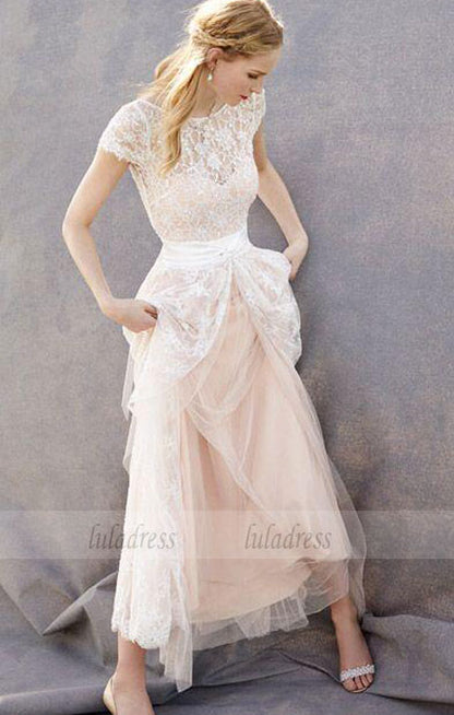 Lace Bridal Dress,Romantic Wedding Dress,Unique Blush Pink Brides Dress,Cap Sleeves Wedding Dress