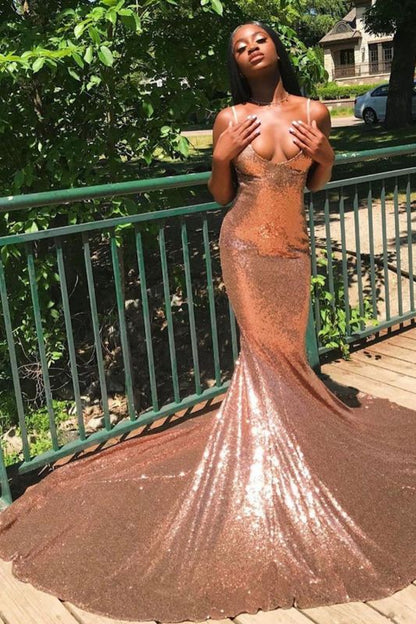 Glittery Sleeveless V Neck Nude Pink Sequins Mermaid Prom Dresses