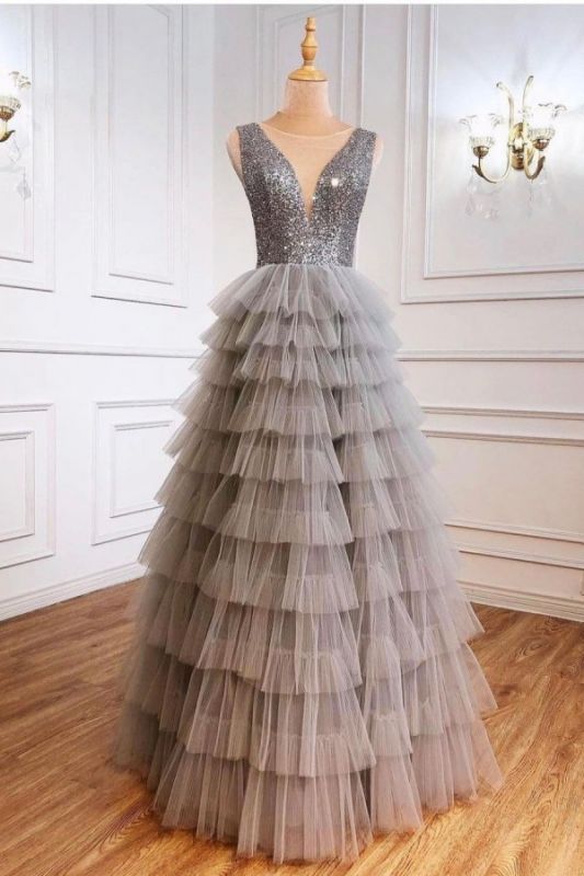 Jewel Sequins Tulle Sleeveless Prom Dresses Online