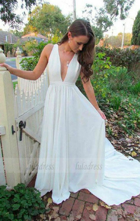 A-Line Deep V-Neck Sweep Train White Chiffon Prom Dresses