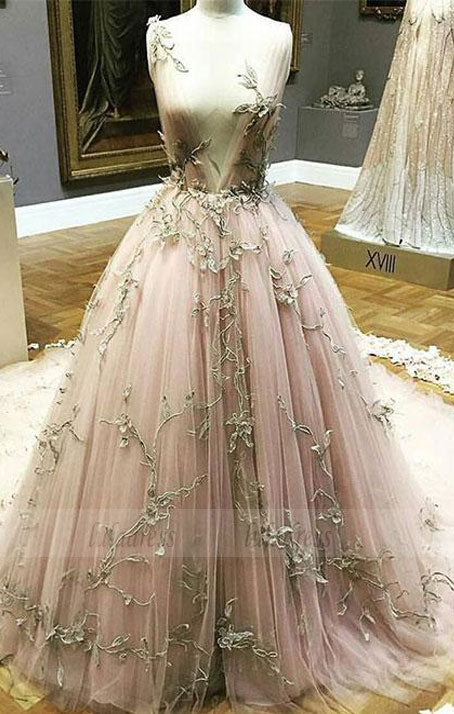 Unique A-Line Deep V-Neck Tulle Long Prom/Evening Dress with Appliques