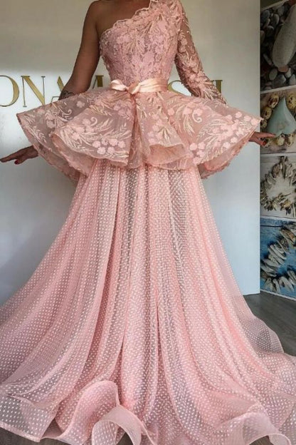 One Shoulder Pink Tulle Lace Prom Dresses On Sale