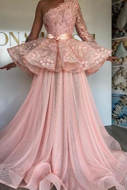 One Shoulder Pink Tulle Lace Prom Dresses On Sale