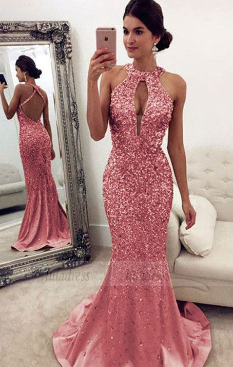 Luxurious Crystal Beaded Halter Open Back Mermaid Evening Dresses pink Prom Dresses