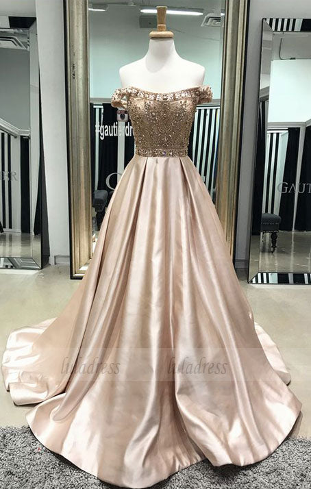 off the shoulder long prom dress, A-line beaded  prom dress