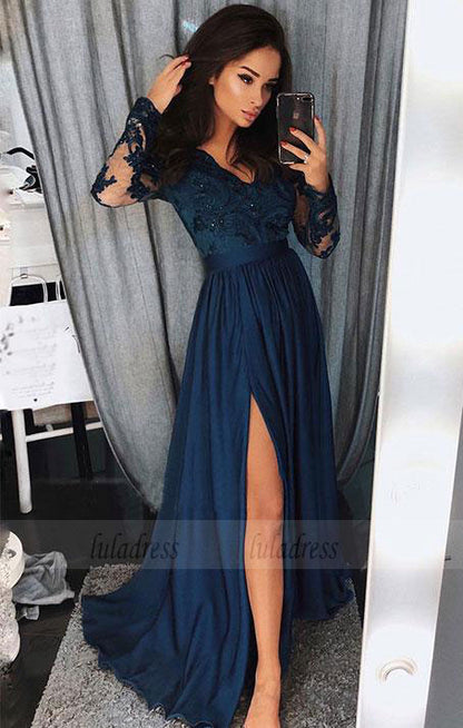 v neck long prom dresses with sleeves, unique long sleeves evening dresses with split