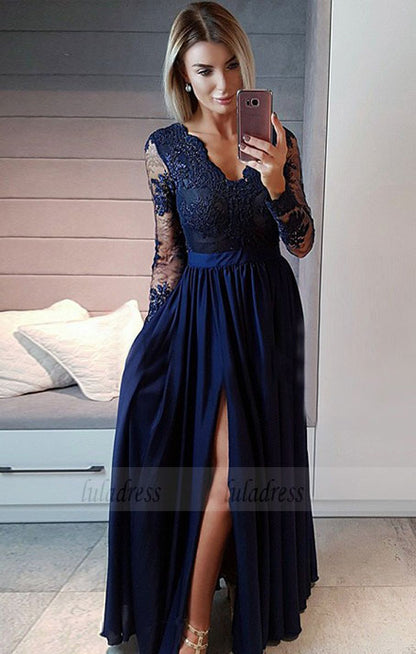 v neck long prom dresses with sleeves, unique long sleeves evening dresses with split