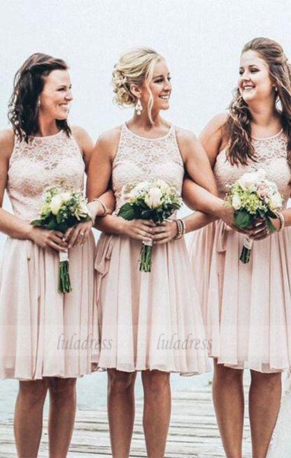 Simple A-Line Chiffon Short Bridesmaid Dress with Lace