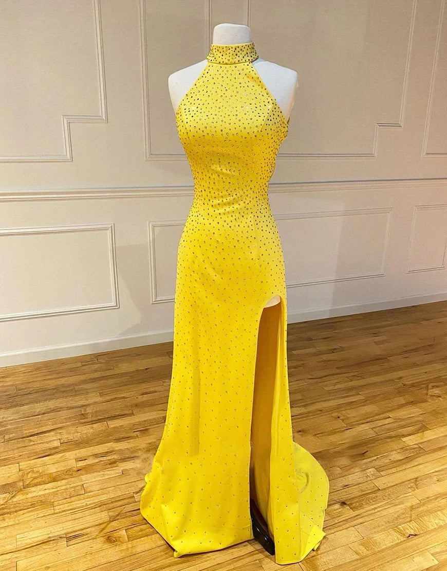 High Neck Mermaid Long Yellow Prom Dresses