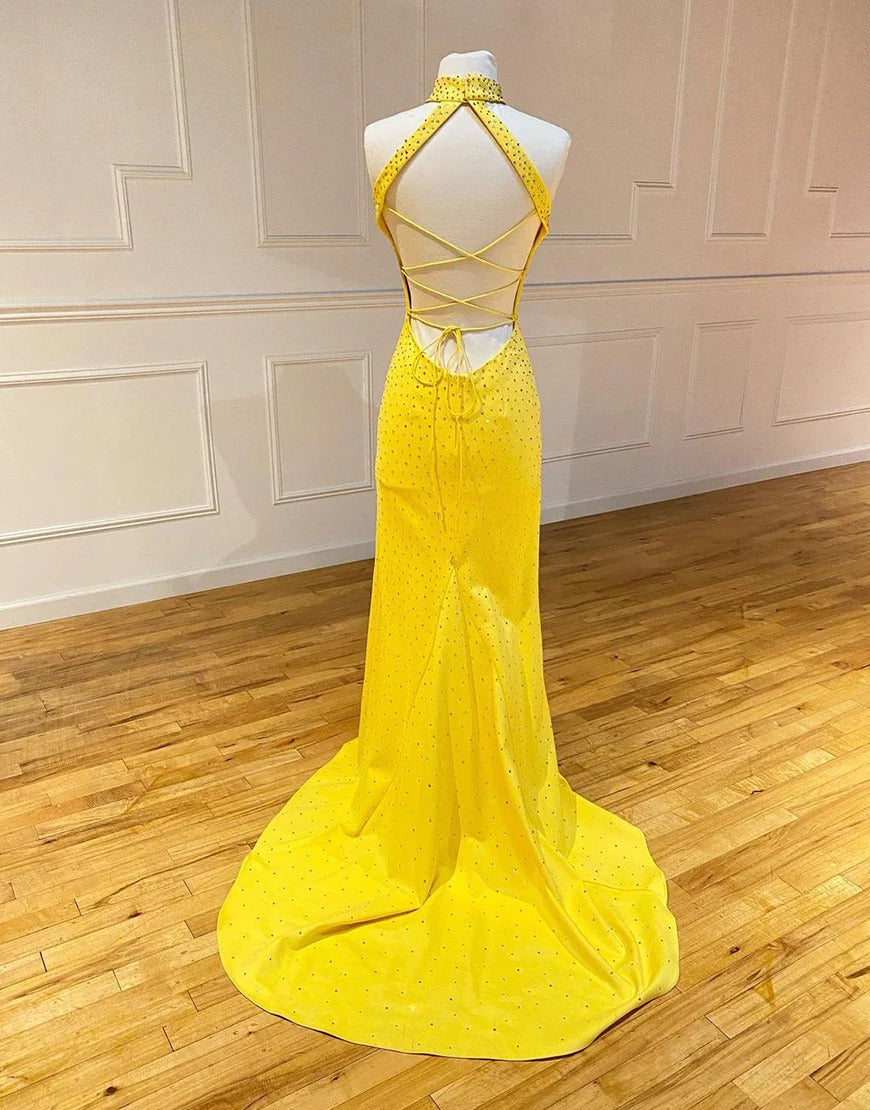 High Neck Mermaid Long Yellow Prom Dresses