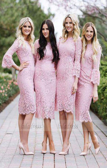 Fashion Sheath Jewel Pink Lace Mid-calf Bridesmaid/Prom Dress