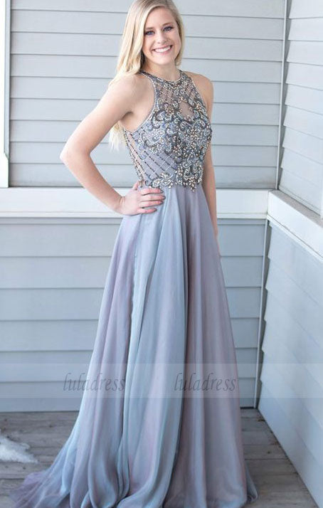 chiffon long prom dresses with beading, elegant crew sweep train evening dresses