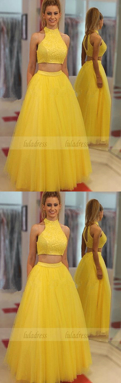 Yellow Two Pieces Prom Dress with Beaded Top