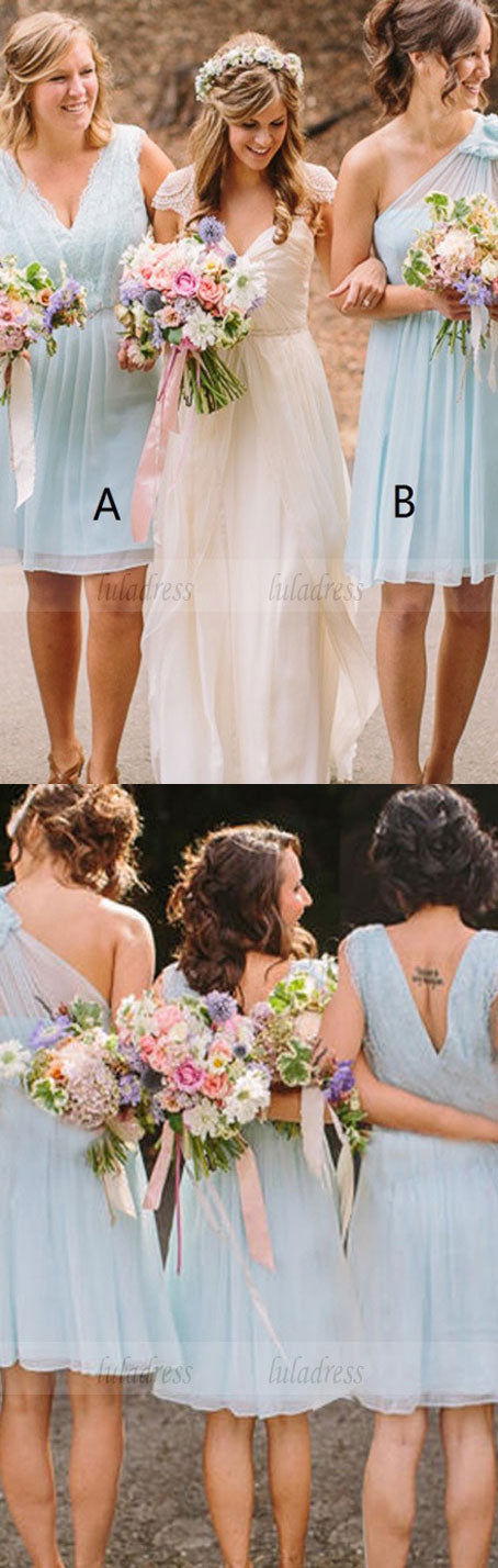 A-Line V-Neck Short Chiffon Bridesmaid Dress with Lace