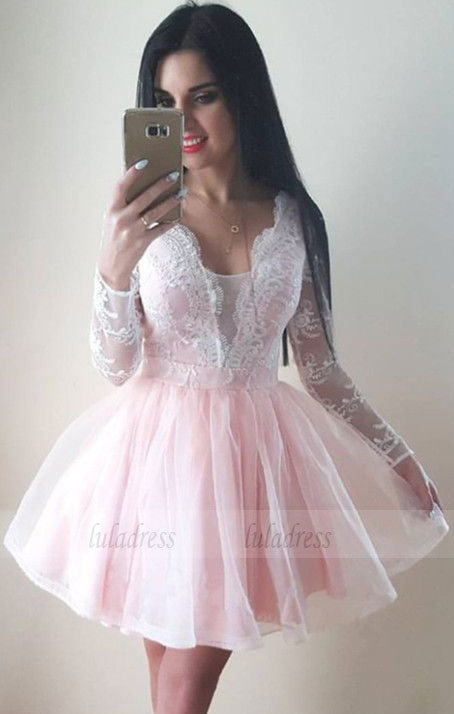 cute a-line blush pink tulle homecoming dresses long sleeves prom short dress