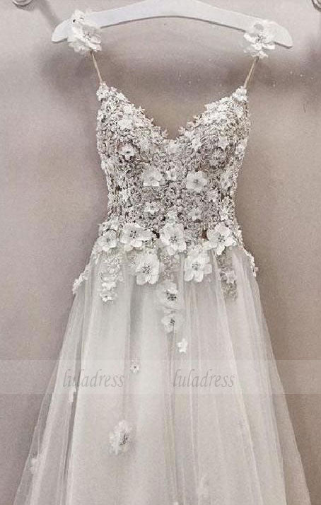 A line v neck lace tulle long prom dresses, evening dress