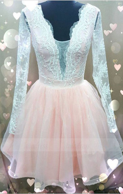 cute a-line blush pink tulle homecoming dresses long sleeves prom short dress