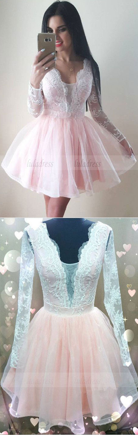 cute a-line blush pink tulle homecoming dresses long sleeves prom short dress