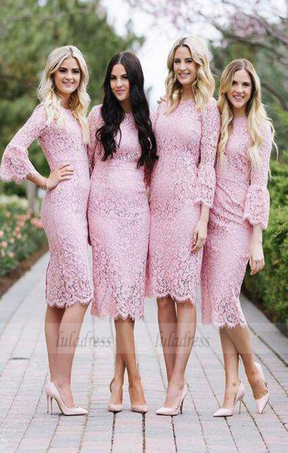 Fashion Sheath Jewel Pink Lace Mid-calf Bridesmaid/Prom Dress