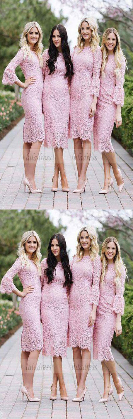 Fashion Sheath Jewel Pink Lace Mid-calf Bridesmaid/Prom Dress