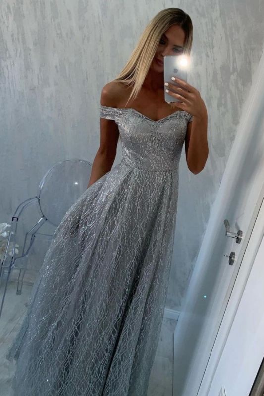 Women Silver Sequins Prom Dresses Off The Shoulder